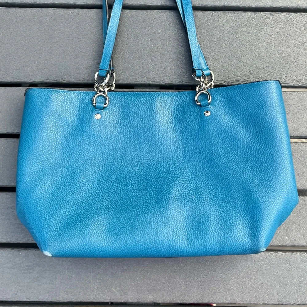 Coach; Vibrant Teal/Blue Leather Tote; Minor Wear; Duel Handles;14x3x8in - Picture 9 of 10